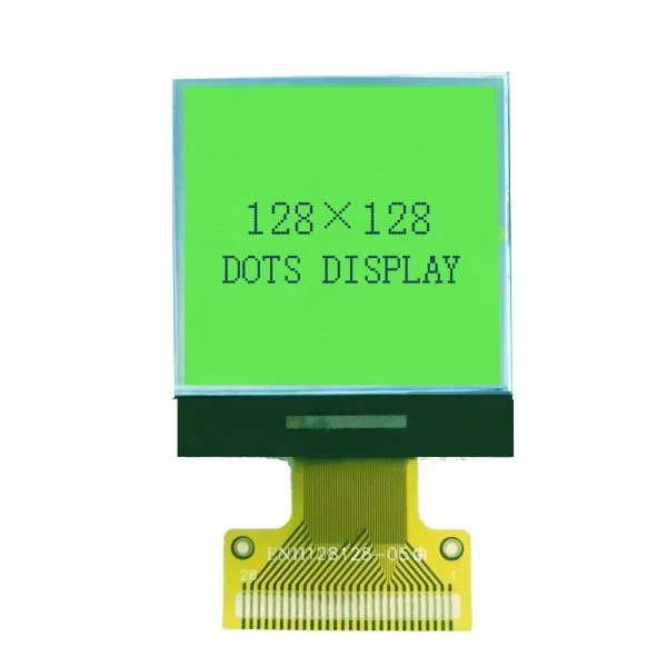 背景が黄緑色の128x128ピクセルLCDディスプレイ
